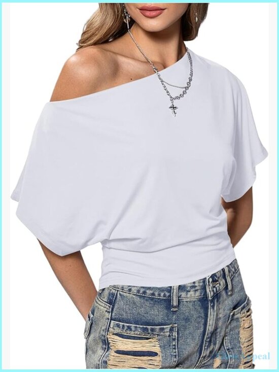 Tops - Off Shoulder Crop Top Asymmetrical Y2K Going Out Dolman Short Sleeve